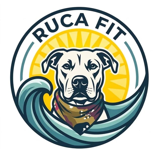 Ruca Fit logo: a smiling pit bull in a bandana in front of the sun and a wave